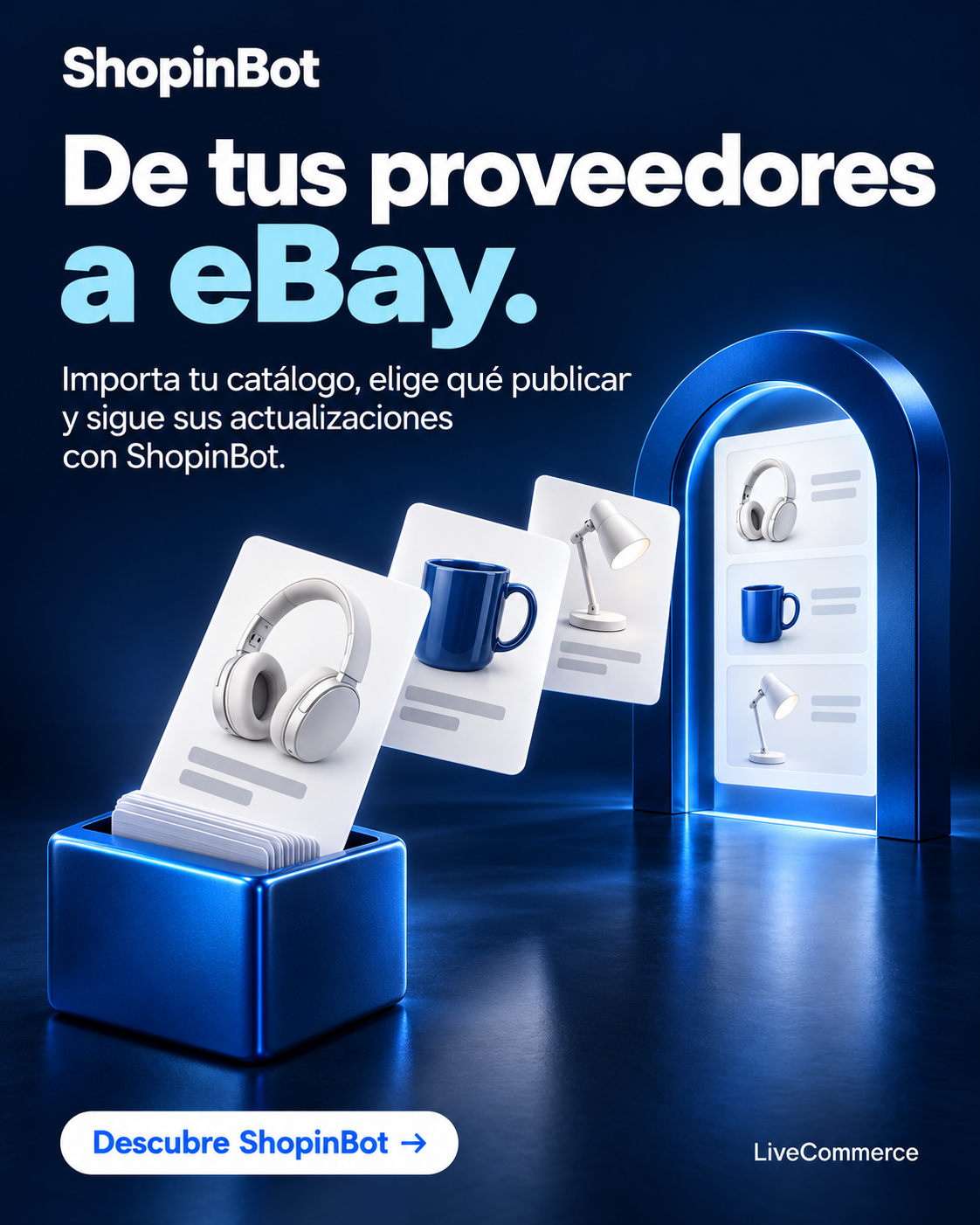 Sexta propuesta de ShopinBot: fichas que salen de un bloque azul hacia un portal de catálogo en una escena nocturna