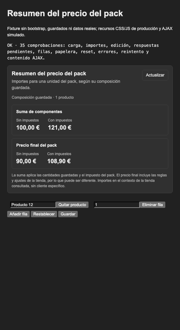 Resumen de precios con datos sintéticos en tema oscuro a 600 píxeles, con los grupos de importes apilados