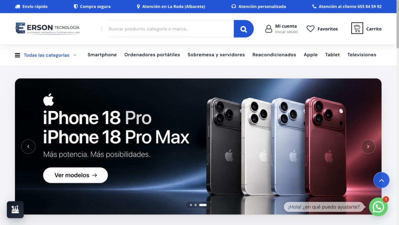 Cabecera y banner principal de la tienda Erson Tecnología, con buscador, menús y acceso al carrito