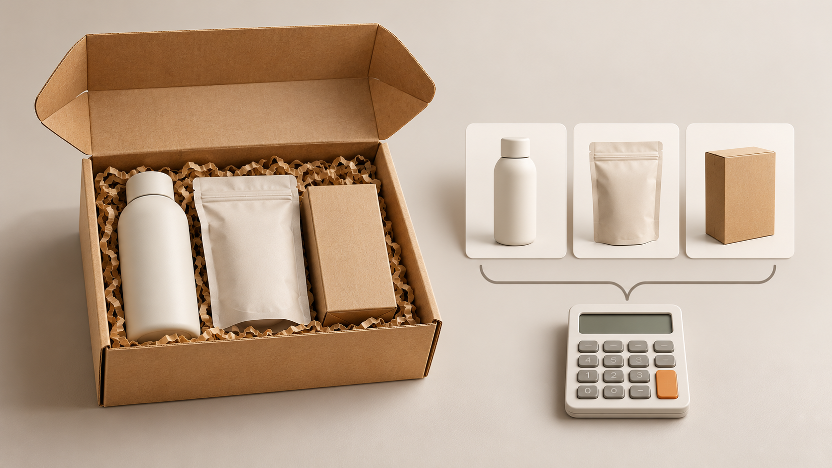 Ilustración conceptual de un pack con productos y referencias visuales de orden y precio