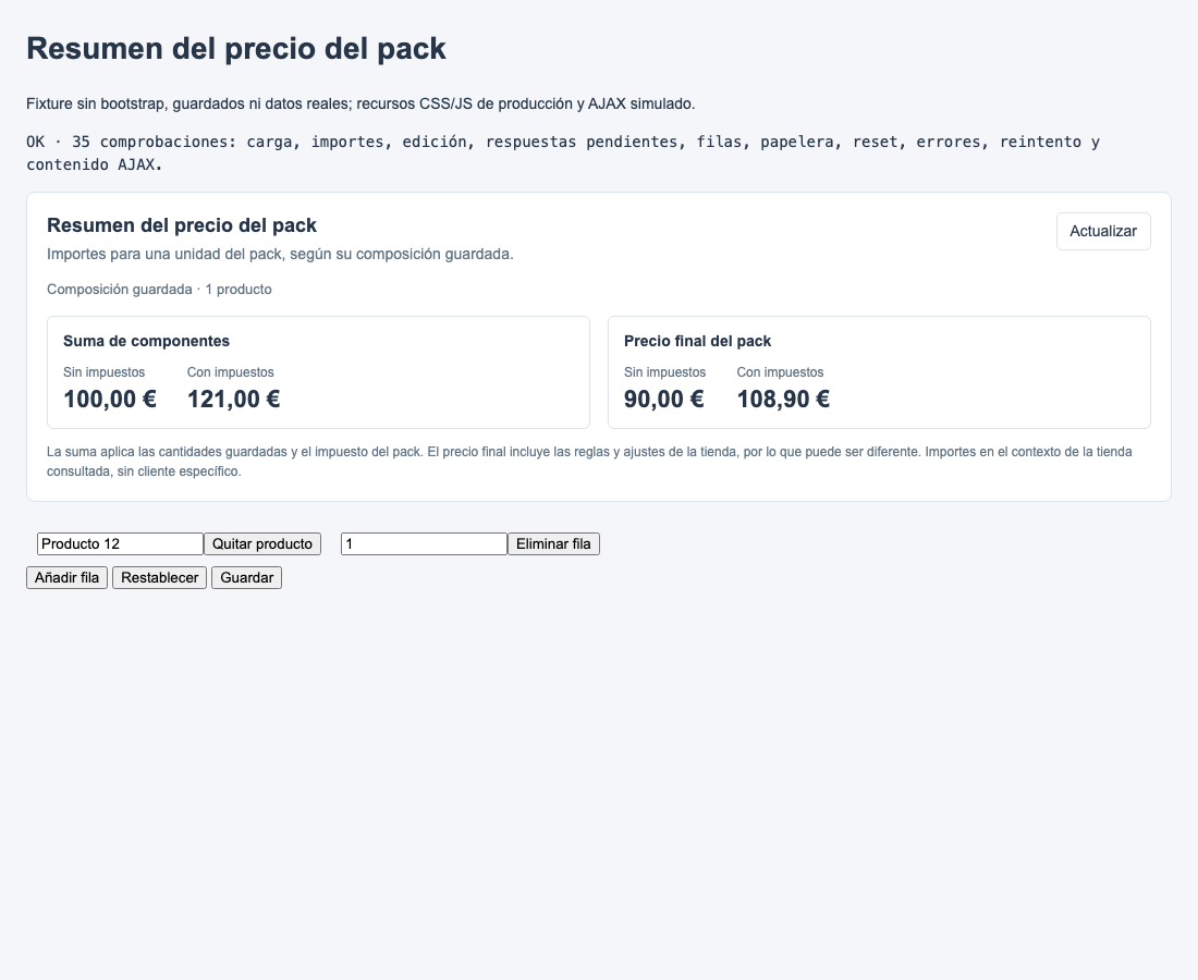 Resumen de precios de un pack en tema claro con importes sintéticos, suma de componentes y precio final separados