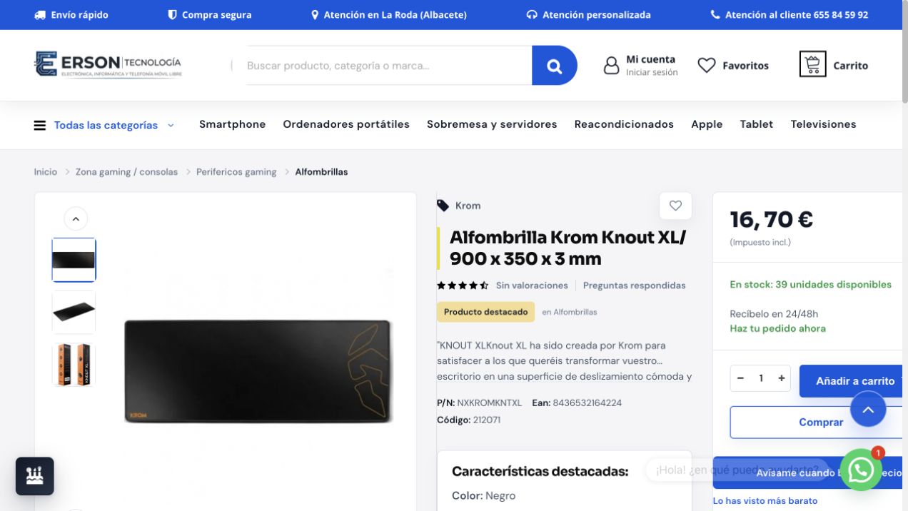 Ficha real de producto con galería, información, precio y controles de compra