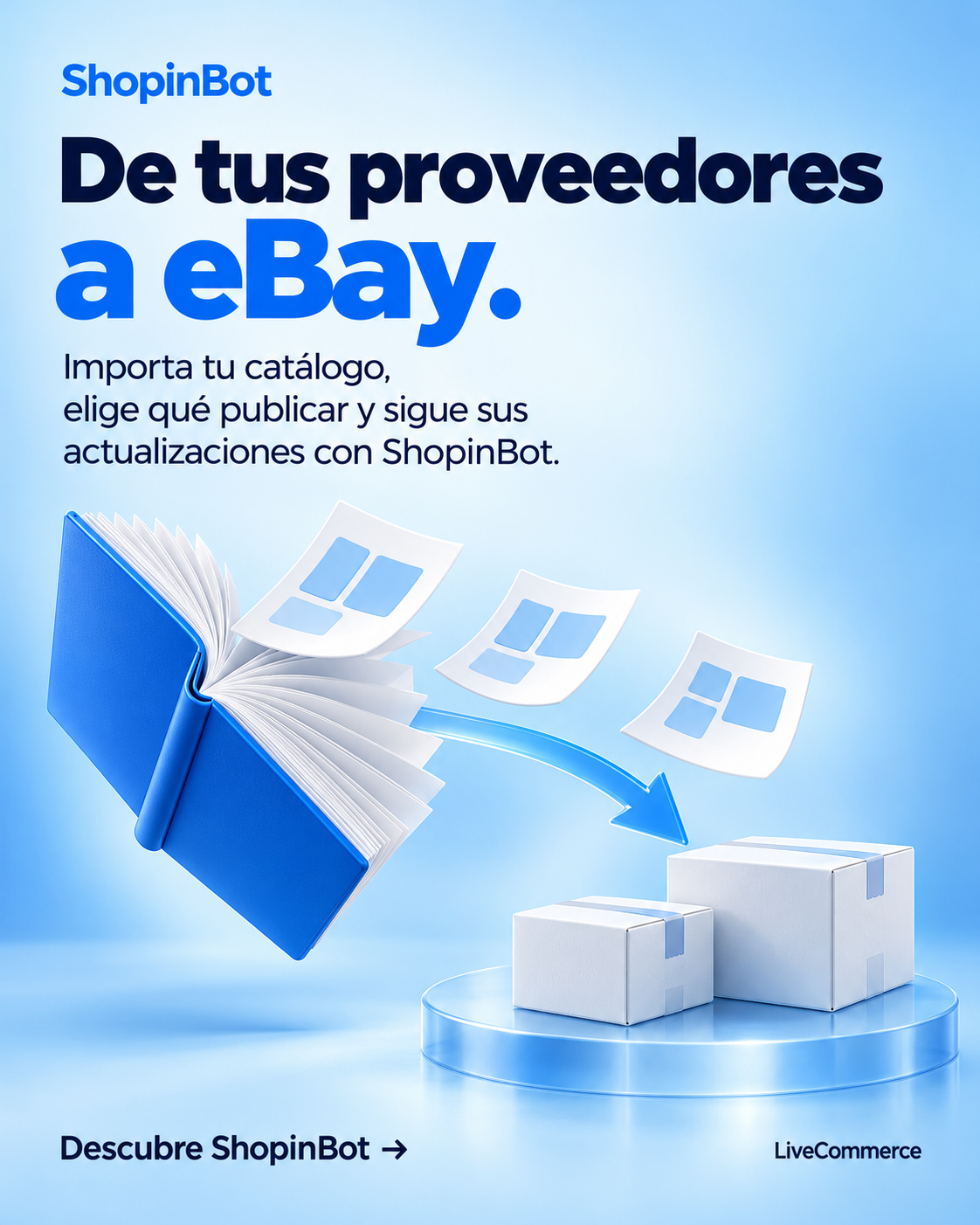 Segunda propuesta de ShopinBot: catálogo azul flotante, fichas de producto y paquetes sobre una base translúcida