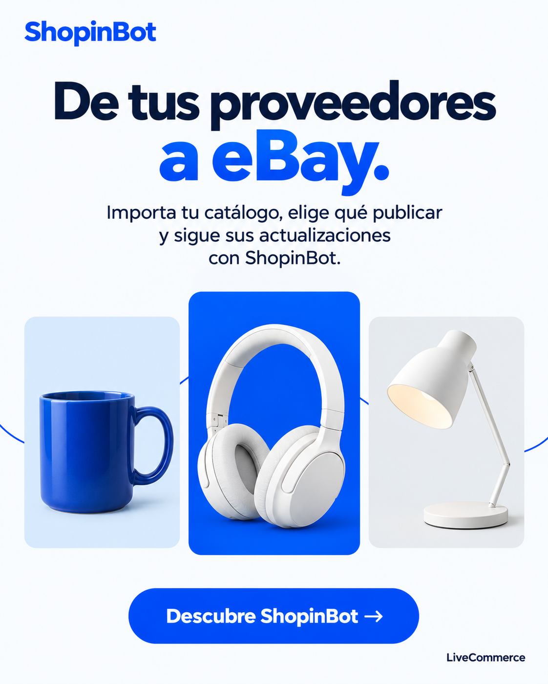 Cuarta propuesta de ShopinBot: escaparate minimalista con taza azul, auriculares blancos y lámpara en tres tarjetas