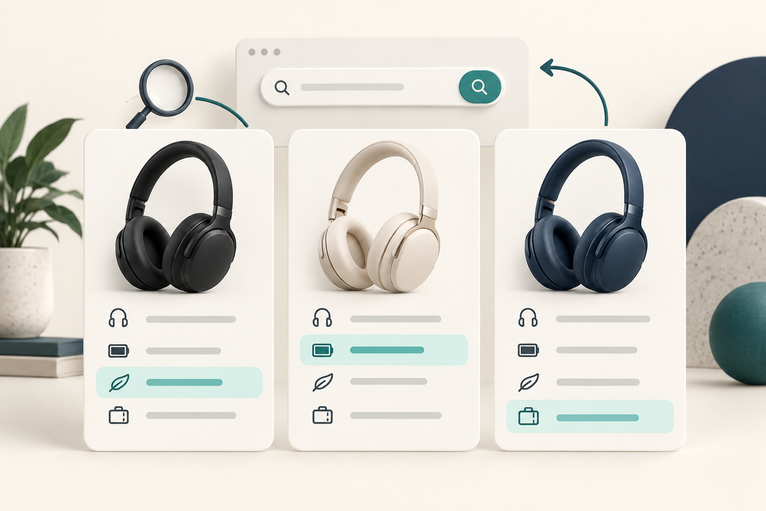 Ilustración conceptual de tres modelos de auriculares organizados para comparar sus características