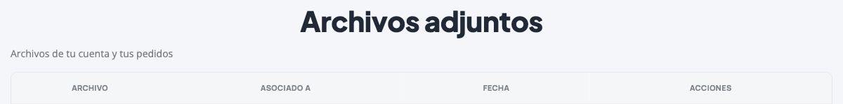 Cabecera real de Archivos adjuntos en Mi Cuenta, con las columnas Archivo, Asociado a, Fecha y Acciones