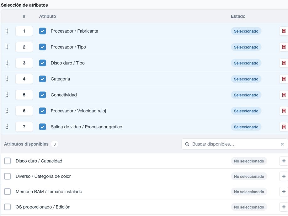 Selector de atributos con filas seleccionadas, posiciones y buscador de atributos disponibles
