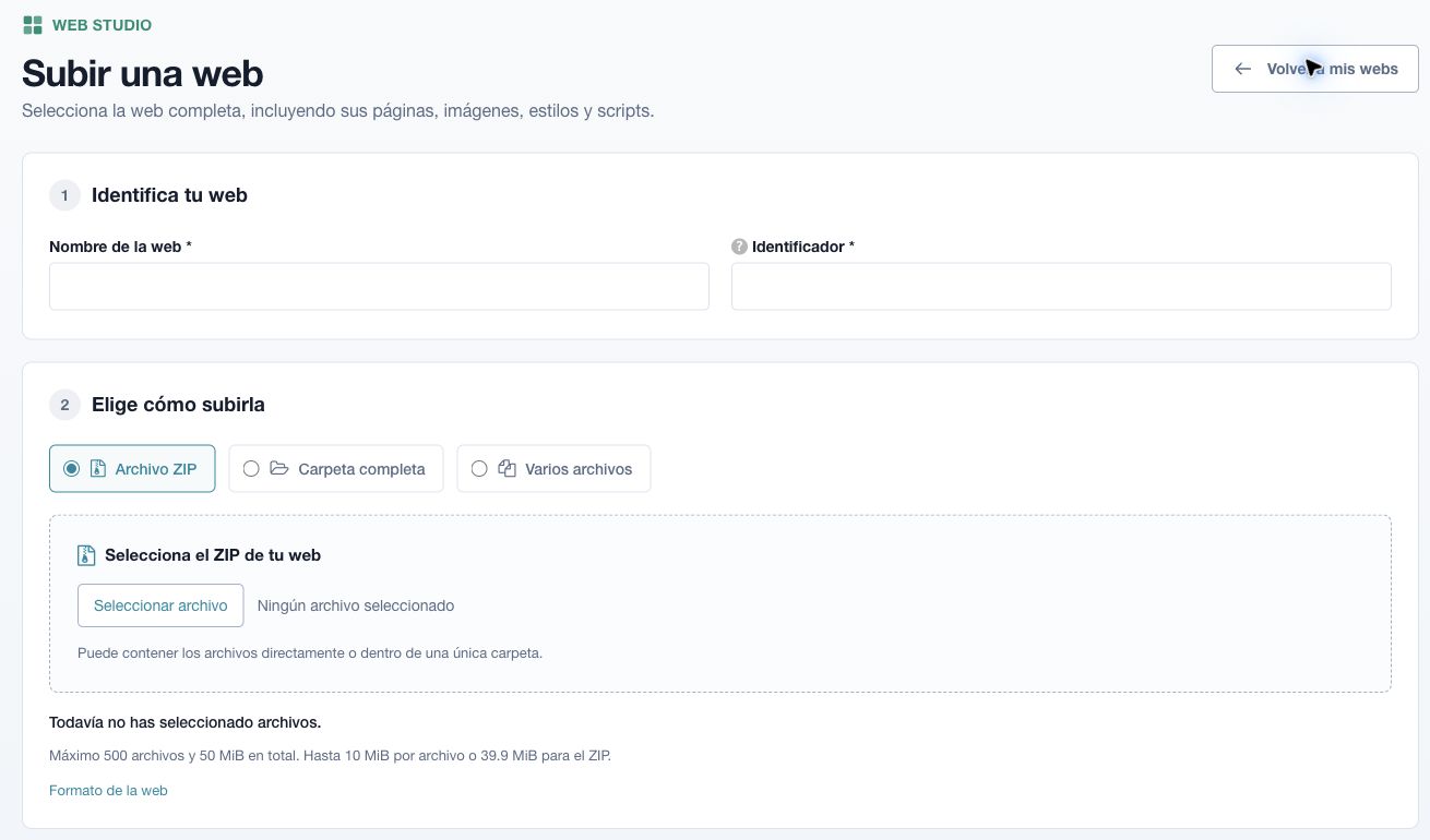Formulario de Web Studio con las opciones de subir un ZIP, una carpeta completa o varios archivos