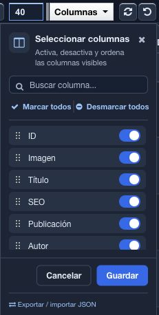 Nuevo selector de columnas con buscador, interruptores de visibilidad y botones de guardar y cancelar