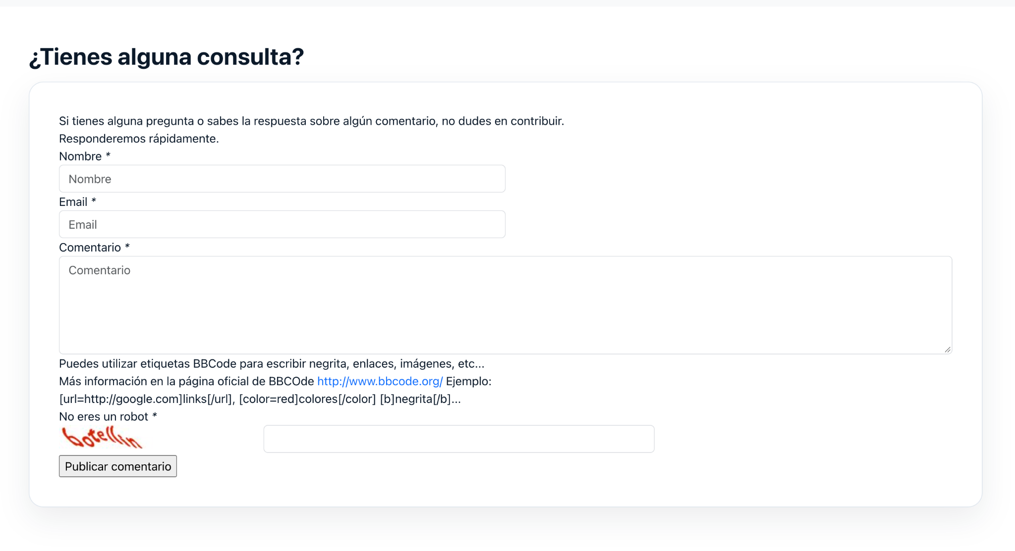 Antes: formulario original de comentarios de LiveCommerce, con los campos apilados y un botón de publicación básico.