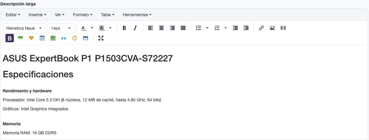 Editor TinyMCE de una descripción de producto con menús, herramientas de formato y contenido