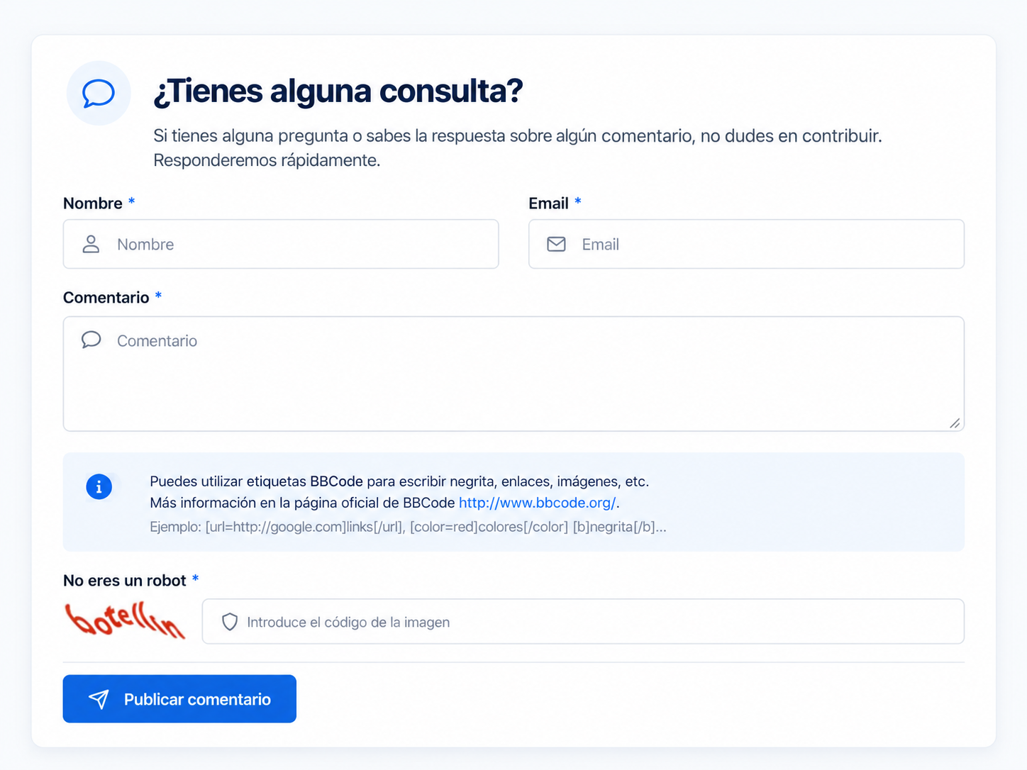Después: propuesta visual con Nombre y Email en dos columnas, ayuda de BBCode agrupada y botón azul.