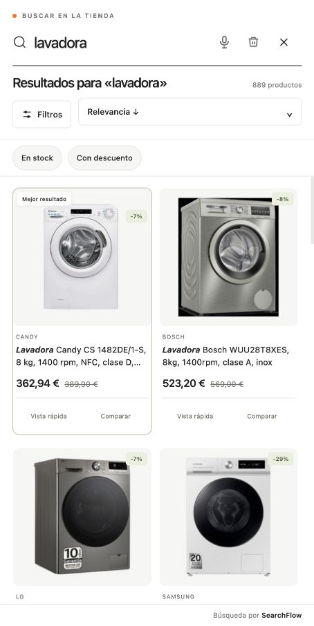 SearchFlow en Outlet Electrodomésticos: resultados de la búsqueda lavadora