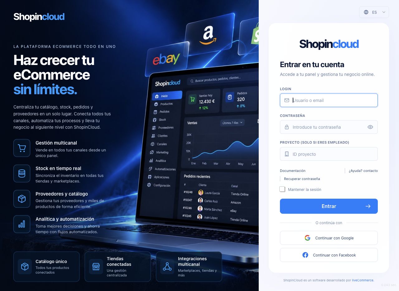 Nueva pantalla de acceso de ShopinCloud con formulario de inicio de sesión y selector de idioma arriba a la derecha
