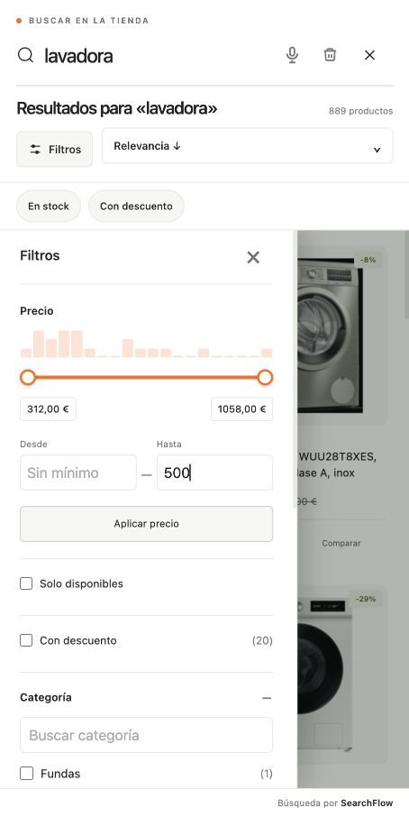 Panel de filtros de SearchFlow con un precio máximo de 500 euros