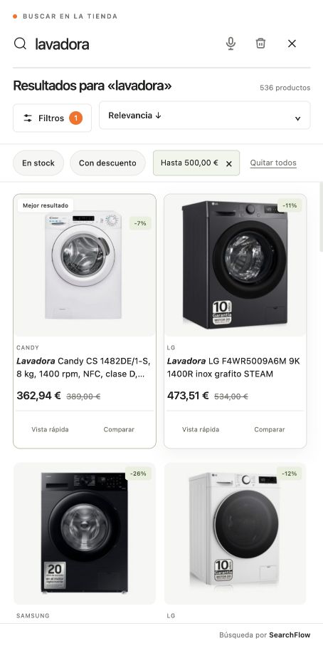 Resultados de lavadoras filtrados hasta 500 euros en Outlet Electrodomésticos