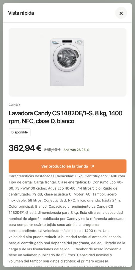 Vista rápida de una lavadora Candy en SearchFlow