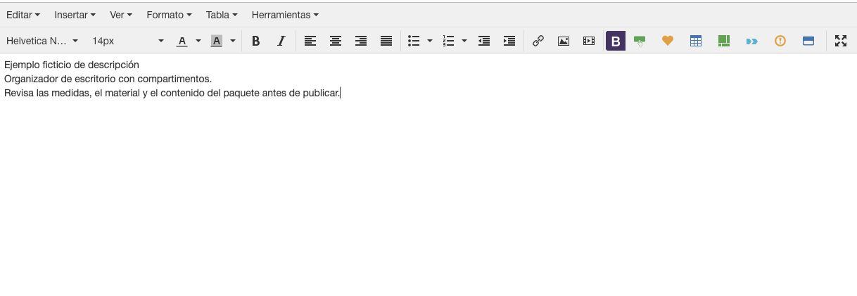Editor real de descripción de ShopinBot con texto ficticio de un organizador de escritorio