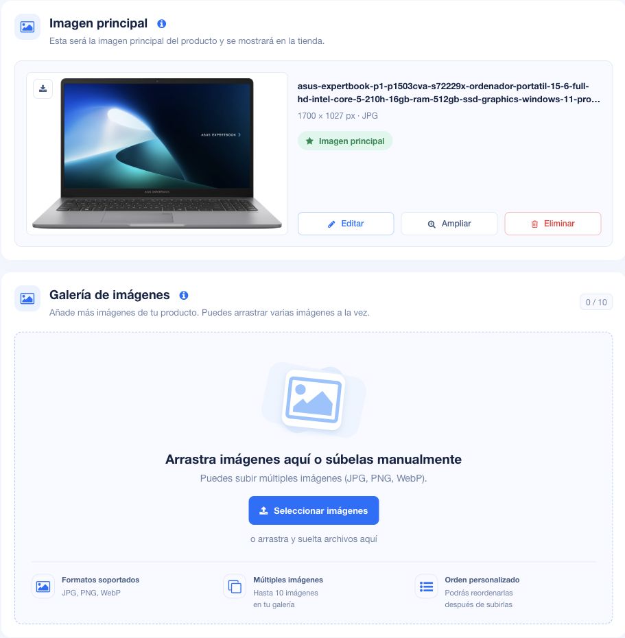 Galería de ShopinCloud con la imagen principal y el área de imágenes adicionales diferenciadas